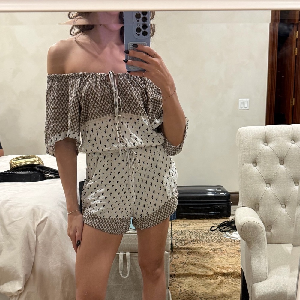 FARM Rio Off-Shoulder Brown and White Jumpsuit